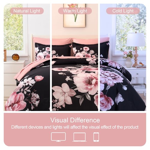 Floral Comforters Queen Size 7 Pieces Botanical Black and Pink Comforter Set Ulter Soft Microfiber Bedding Set, Lightweight Bed Comforter Set with Sheets for All Season (Black, Queen)