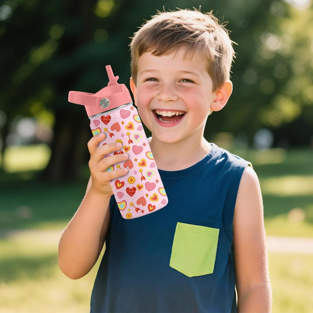 Skiennix Heart Pattern Kids Water Bottle - 16 Oz Stainless Steel Insulated Tumbler, Leak Proof, BPA-Free, Perfect for School & Travel