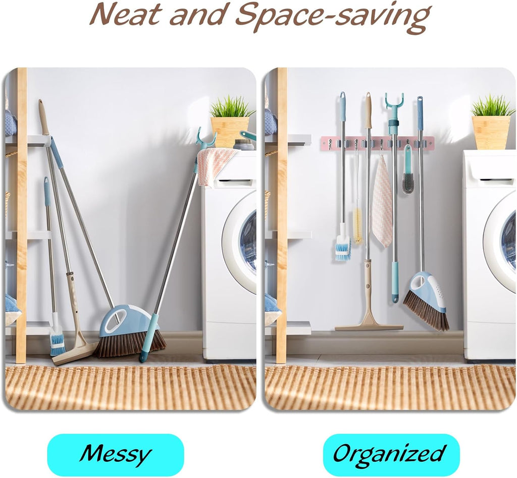 OUTNILI Pink Mop Broom Holder - Wall Mount Organizer with 4 Slots & Hooks for Kitchen & Laundry Room Decor