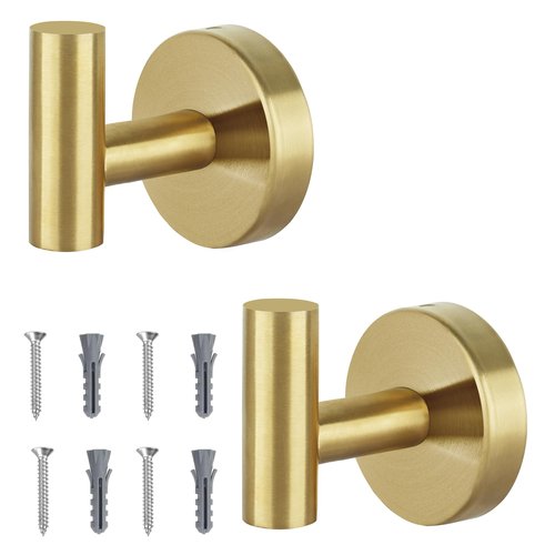 Homagic Towel Hooks for Bathroom 2 Packs Screw- in Gold Wall Mount Towel Holder Towel Rack, Heavy Duty Robe Coat Loofah Hooks for Shower, Kitchen,Hotel, Pool Tile, Brick Modern Style Decor Wall Hooks