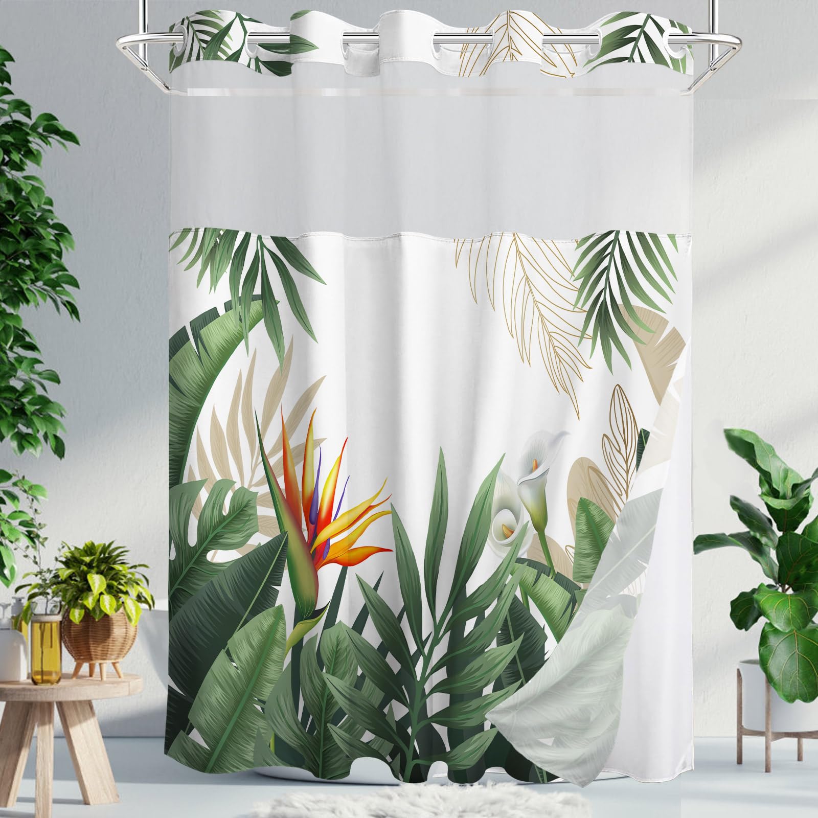 TWLSNCD No Hook Shower Curtain with Snap in Liner, Tropical Leaf Shower Curtains and Liner Set for Bathroom, Monstera Palm Leaves Floral Fabric Bath Curtain, Waterproof Washable, Green 71" x 74"