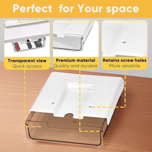 OrgaFocus 2 Pack Under Desk Hanging Drawer Slide Pull Out, Attachable Clear Acrylic Storage Tray, Easy Hidden Self Adhesive Mount Cabinet Shelf Holder for Tables, Home & Office, Counters, Workstation
