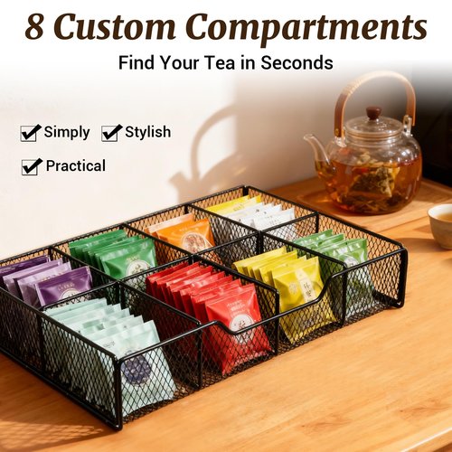 NANXITU Tea Holder Organizer,Wood Tea Box Organizer Storage Box,Tea Caddy for Tea Bags Organizer Drawer,with 8 Compartments Multi-Functional Tea Station Chest for Countertop