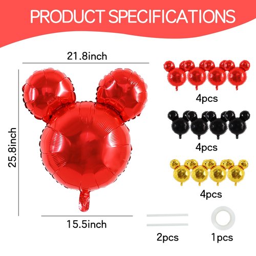 Vuzvuv 12pcs 24 Inches Mouse Head Foil Balloons, Black Red Gold Mouse Shaped Balloon for Birthday Party, Baby Shower,Theme Party Decoration,Graduation Party Supplies