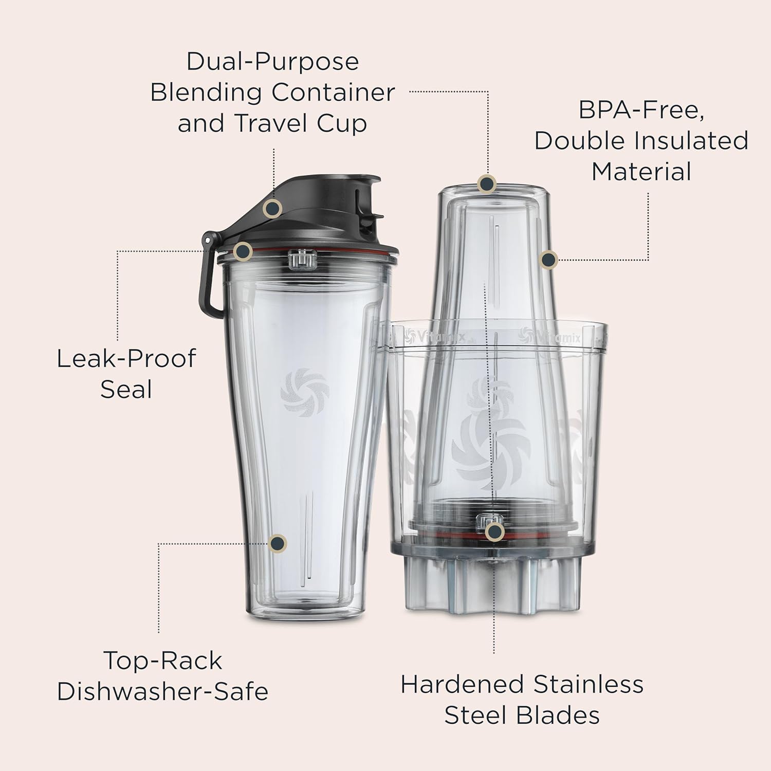 Vitamix Personal Cup Adapter - BPA-Free Blender Cups with Stainless Steel Blades | 20-Ounce Size, Dishwasher Safe