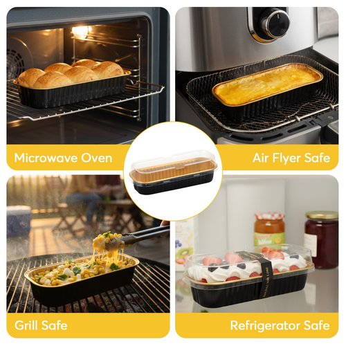 Ruckae 100 Pack Mini Loaf Pan Mini Loaf Baking Pans with Lids and Spoons,Disposable Aluminum Foil Pans, Rectangle Tin Foil Pans with Lids for Home, Pary, Picnics (Black Gold)