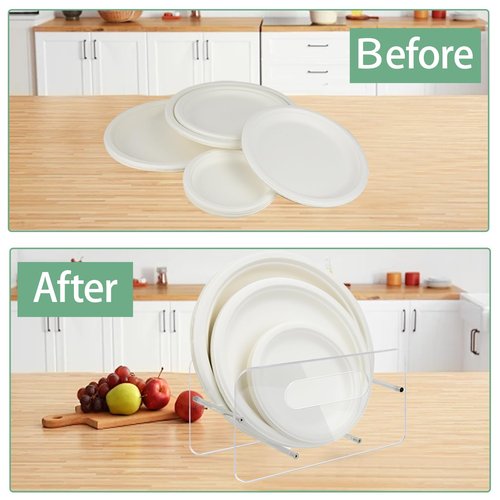 Beitiny Paper Plate Dispenser, Acrylic Plastic Plate Holders, 7-12 Inch Disposable Plates Storage Organizer Rack for Cabinet, Countertop, Counter, Kitchen, 1 Pack