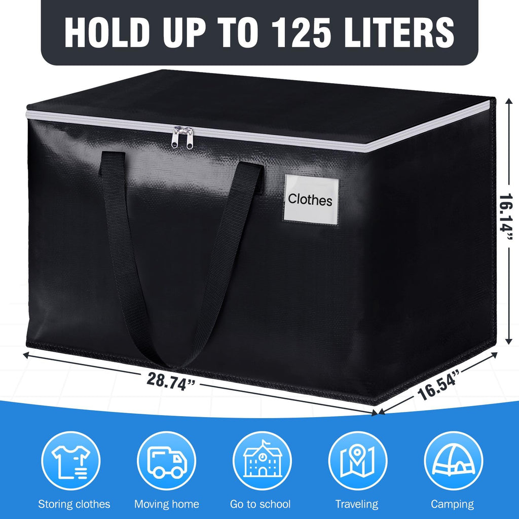 BlissTotes Moving Bags, Heavy Duty Moving Boxes with Zippers Top and Sturdy Handles, Storage Bags for Space Saving and Packing, Collapsible Moving Supplies, Storage Totes (125L, 10-Pack, Black)