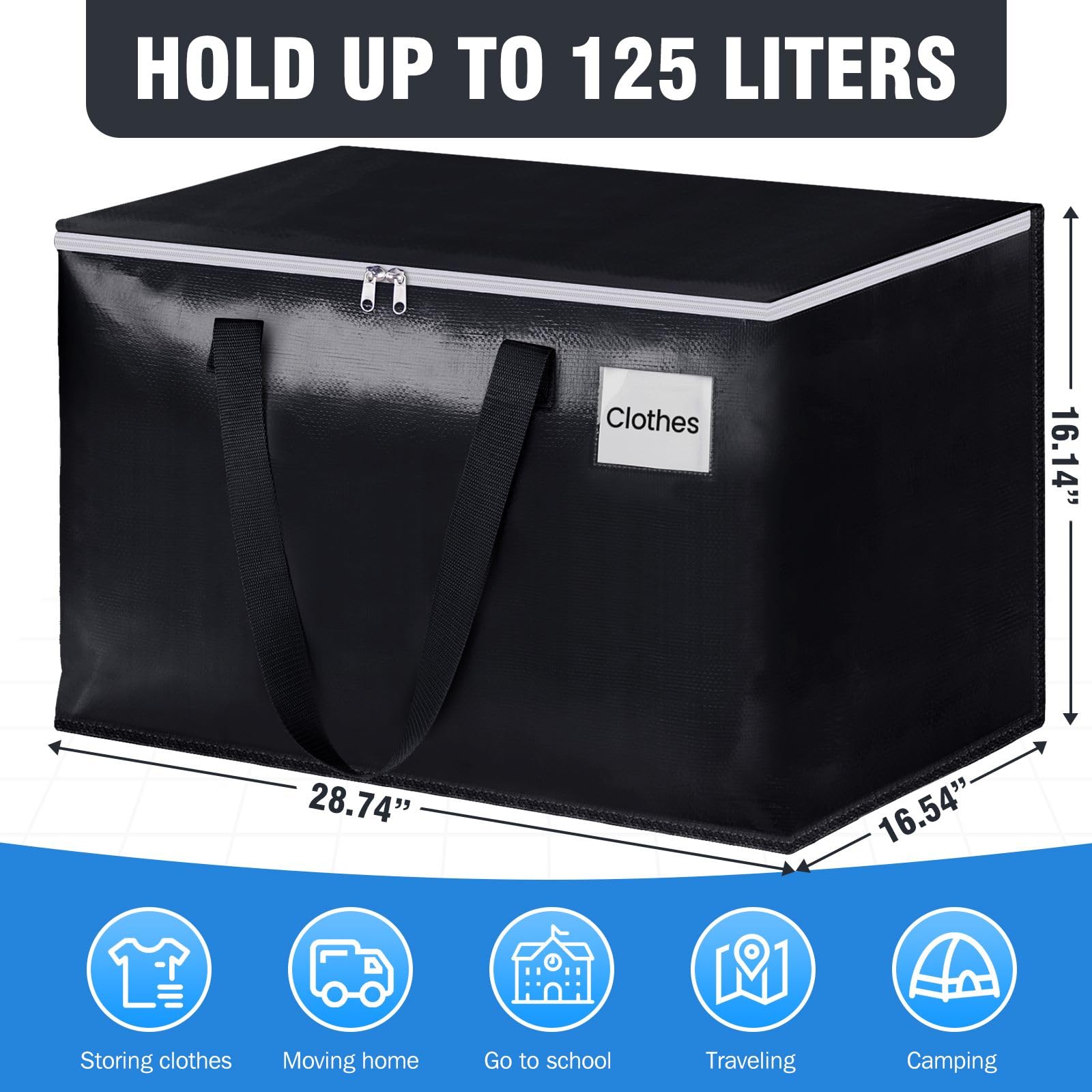 BlissTotes Moving Bags, Heavy Duty Moving Boxes with Zippers Top and Sturdy Handles, Storage Bags for Space Saving and Packing, Collapsible Moving Supplies, Storage Totes (125L, 10-Pack, Black)