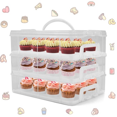 LEPump Cupcake Carrier, 3-Tiers Cupcake Containers, Holds 36 Cupcakes or 3 Large Cakes, Cupcake Holder, Cupcake Box with Lid and Handle (White, Basic)