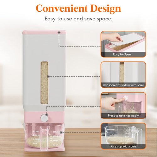 Lifewit 2 Pack Rice Dispenser 25 Lbs(11.3kg), Rice Storage Container Sealed Moisture Proof with Measuring Cup for Kitchen Pantry Household, BPA-Free, Pink