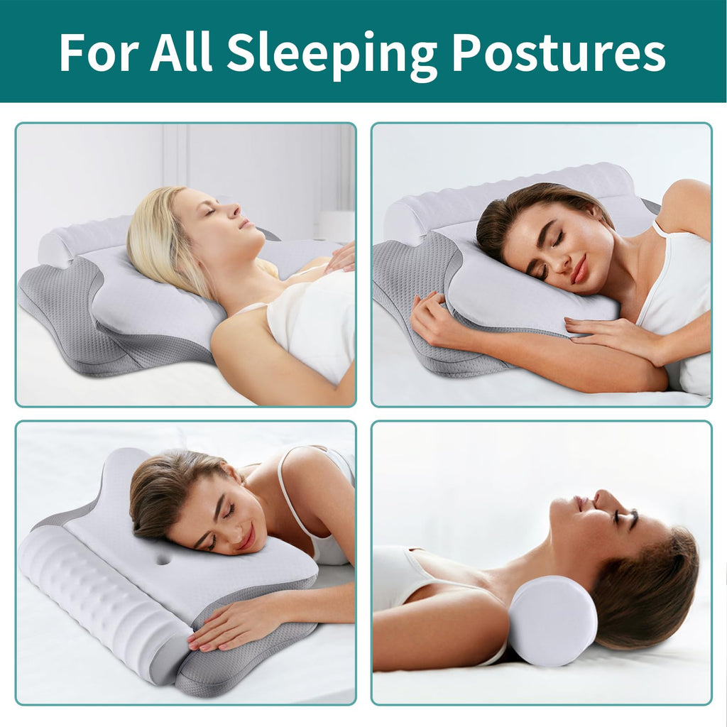 onesmile Cervical and Roll Neck Pillow - 2 in 1 Ergonomic Pillows, Neck Support Pillow for Sleeping, Memory Foam Pillows for Side, Back & Stomach Sleepers (Grey)