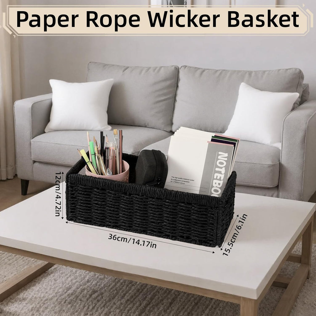 Paper Rope Storage Basket - 2 Pack Foldable Wicker Baskets with Handles | Decorative Large Organizers for Bathroom