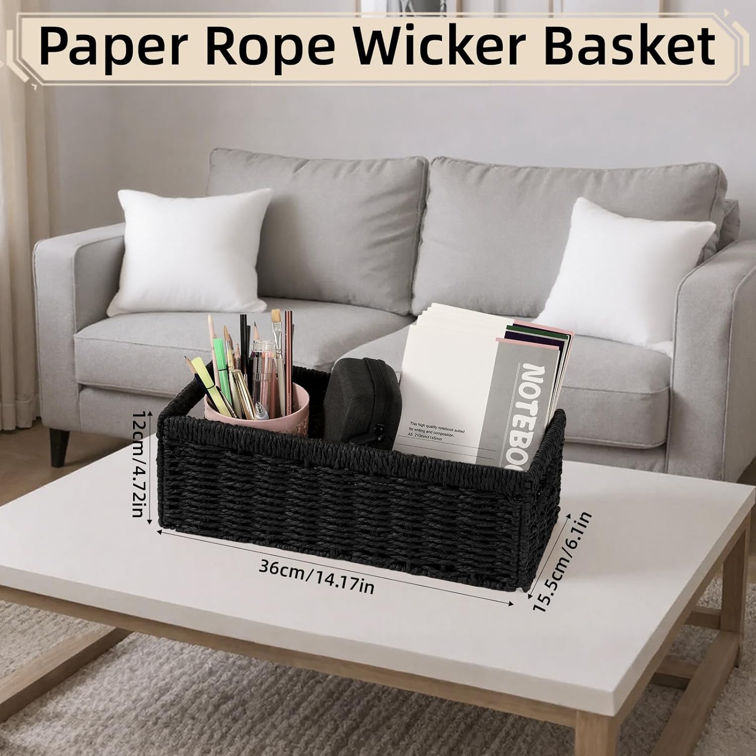 Paper Rope Storage Basket - 2 Pack Foldable Wicker Baskets with Handles | Decorative Large Organizers for Bathroom