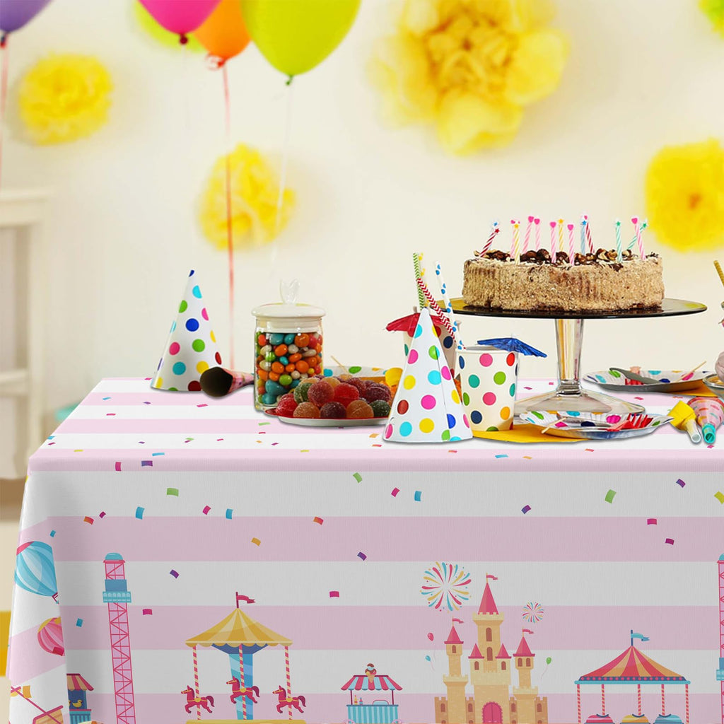 GZBJMYGS Pink Circus Theme Party Tablecloth Carnival Carousel Table Cover Supply for Baby Shower Girl Princess Birthday Party Popcorn Day Dining Holiday Picnic Booth Prop Decoration, 53" x 98"