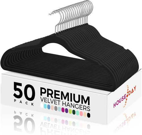 HOUSE DAY Premium Velvet Hangers - 50 Pack Black Non-Slip Flocked Felt | Sturdy 360° Rotatable Hook