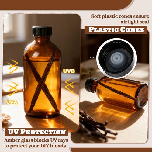 GGOLDMER 18 Pack 8oz Amber Glass Boston Round Bottles, Brown Vanilla Extract Bottles with Phenolic Polycone Caps for Homemade Vanilla, Syrup, Kombucha, Essential Oils, Gift Giving