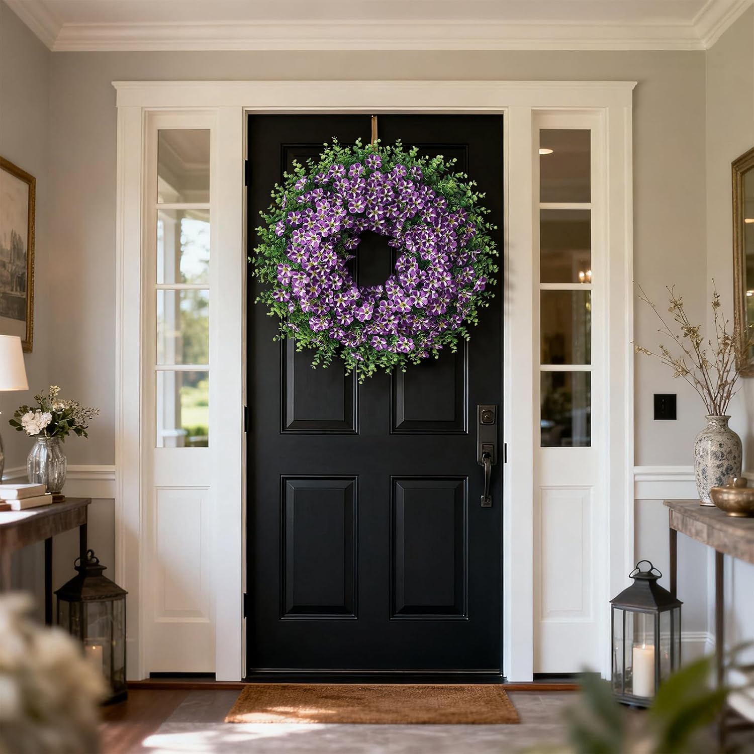 Skiennix 26" Large Artificial Eucalyptus Wreath - Realistic Faux Silk Morning Glory Flowers in Purple for Home, Farmhouse & Wedding Decor