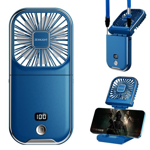 ZEXALIGHT USB Rechargeable Upgraded 5-in-1 Portable Handheld Fan, Necklace Fan, Mini Desk Fan, Foldable Phone Stand, 4 Speeds Airflow, Quiet Personal Fans with LED Digital Screen (Blue)
