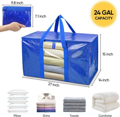 BALEINE Oversized Moving Bags - Heavy-Duty Storage Totes with Reinforced Handles | 2-Pack, Blue w/Window