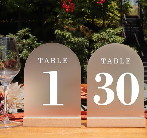 ORGANTEAM Wedding Table Numbers 1-30, Acrylic Arch Signs with Natural Wood Stands Holders, Rustic Table Decor for Reception & Parties (Frosted White)