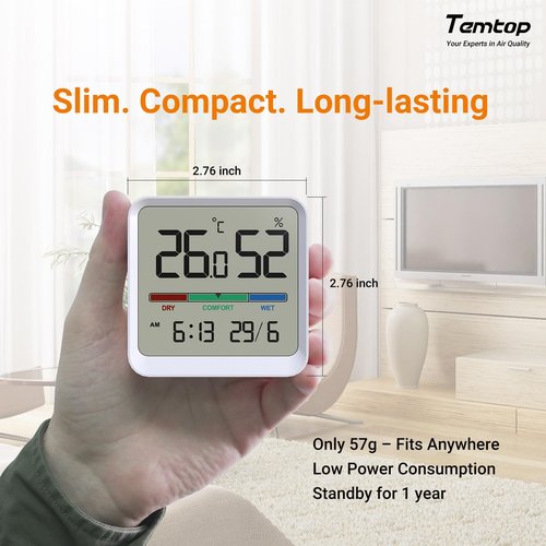 Temtop Indoor Thermometer Hygrometer, Precision Digital Temp/Humidity Monitor with Magnet & 3M Sticker, Date & Time, Wall/Magnet/Stand Mount, for Home, Office, Nursery, T1-SE