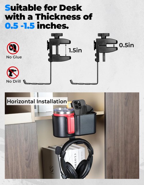 KEMIMOTO Desk Cup Holder with Headphone Hanger, 2 in 1 Caddy Organizer for Office Table, Lawn Chair, Golf Cart, Pontoon Boat, Fit for Most 18-32 oz Bottles (2)