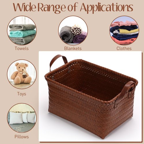 Reallnaive 6 Pcs Wicker Storage Basket with Handle, 15"x 11" x 7.9" Handmade Rattan Woven Laundry Basket for Organizing Shelf Blanket Car Bedroom Room Bathroom Storage, Brown
