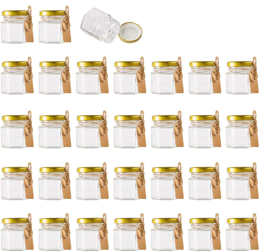 Encheng 1.5 oz Clear Hexagon Jars,Small Glass Honey Jars With Lids(golden),Mason Jars For Herbs,Foods,Jams, Liquid,Party Favor,Mini Spice Jars For Storage 30 Pack