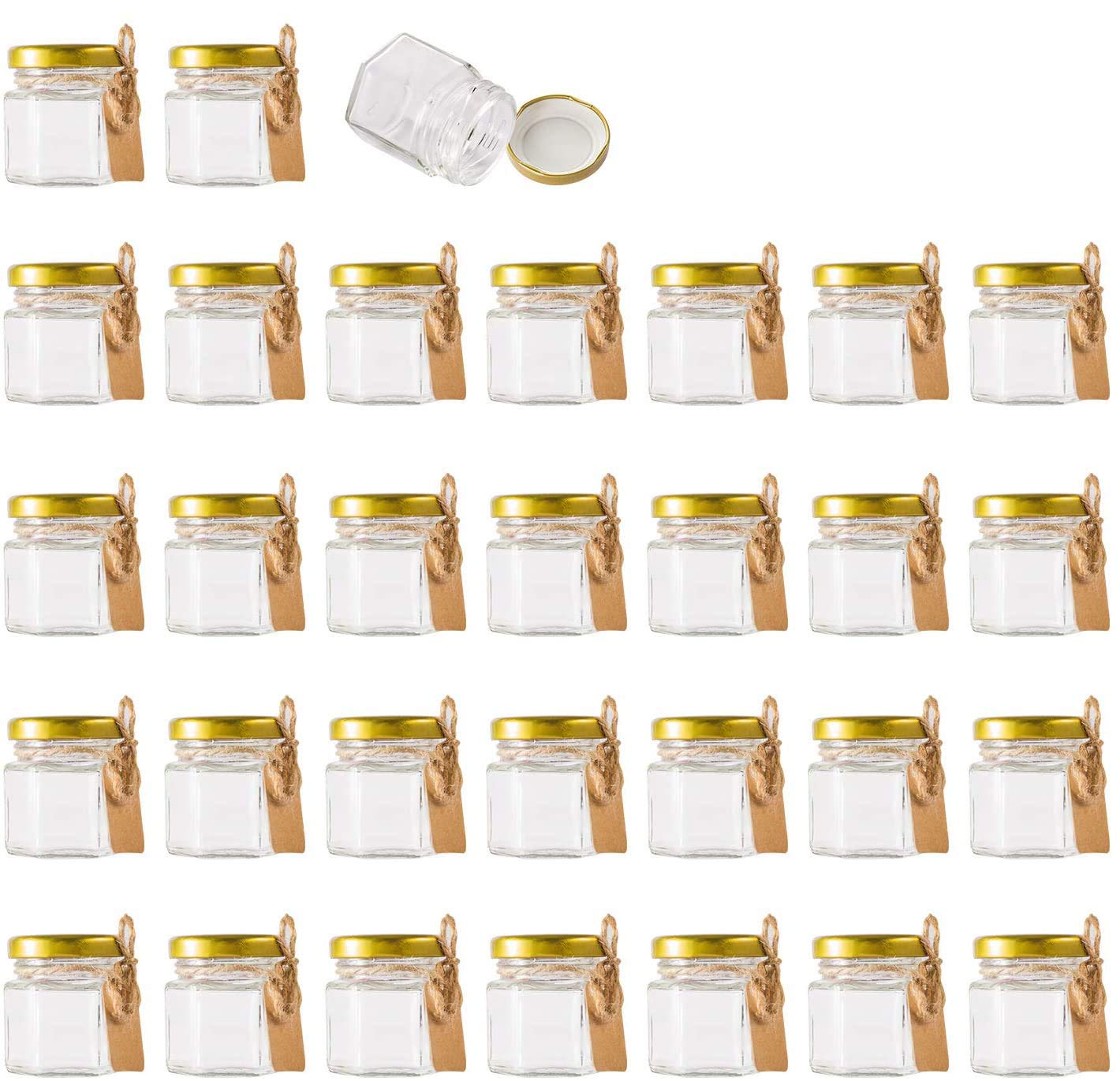 Encheng 1.5 oz Clear Hexagon Jars,Small Glass Honey Jars With Lids(golden),Mason Jars For Herbs,Foods,Jams, Liquid,Party Favor,Mini Spice Jars For Storage 30 Pack