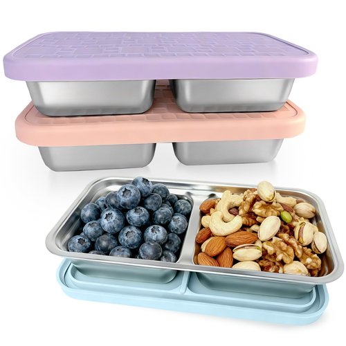 Mostdream 3 Pack 15 oz Stainless Steel Snack Containers for Kids, Reusable Metal Snack Containers with Silicone Lids, 2 Compartment Stackable Metal Toddler Lunch Box for Daycare, School and Outdoor