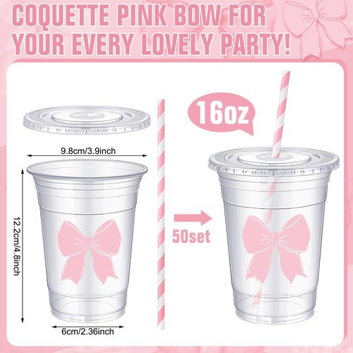 Sliner 50 Pcs 16 oz Coquette Disposable Plastic Cups with Straw for Party Supplies Bow Cups Birthday Wedding Bridal Engagement Party Drinkware Baby Shower Decoration (Pink Bow)