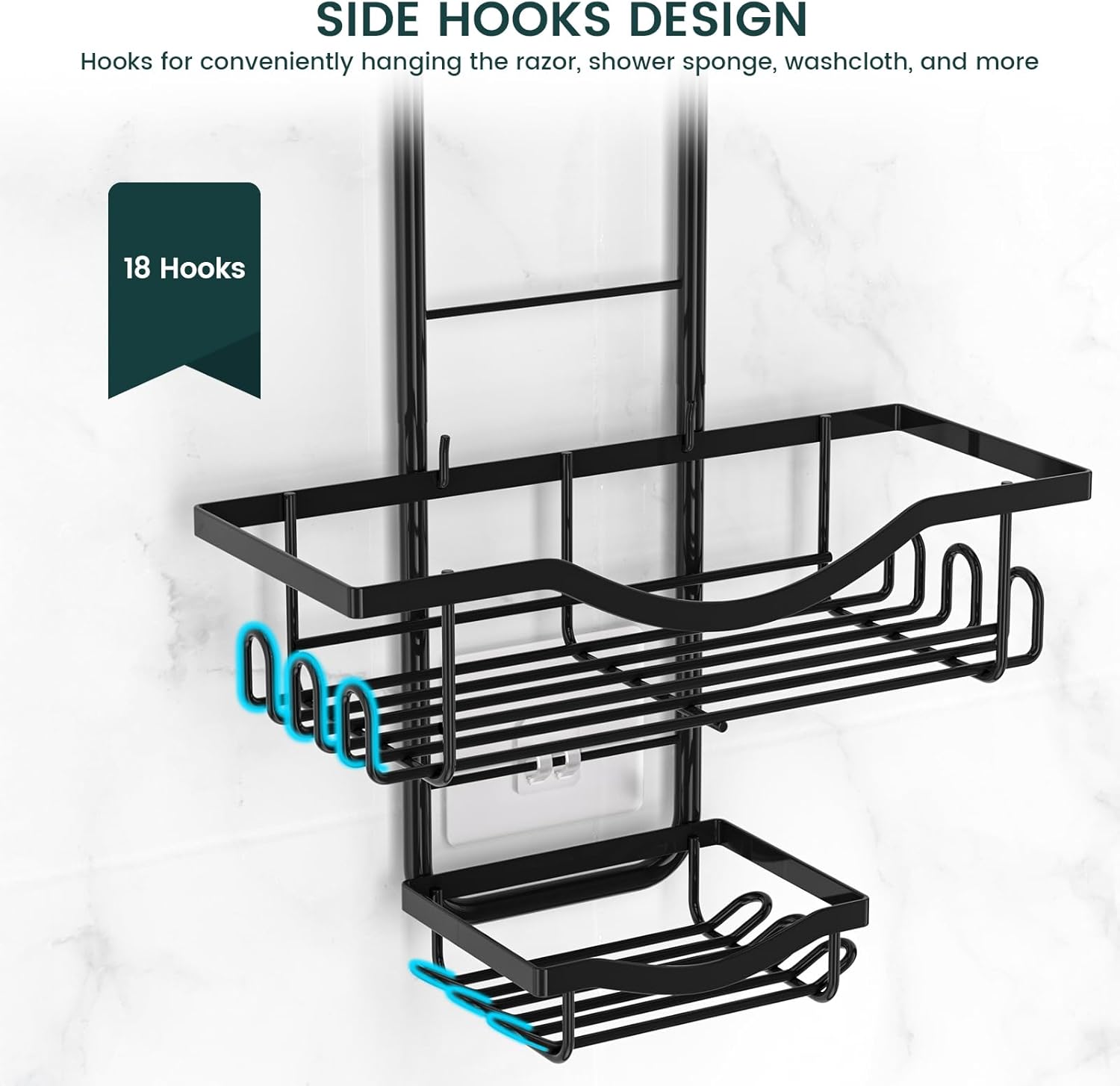 Shower Caddy - Adjustable Rustproof Organizer with Hooks | Large Capacity Black Shower Storage