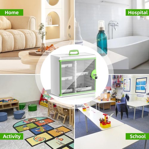 Glosen Locking Medicine Cabinet - Wall Mounted Portable Storage Container | Green 13.6 x 13.4 x 6.5 Inch