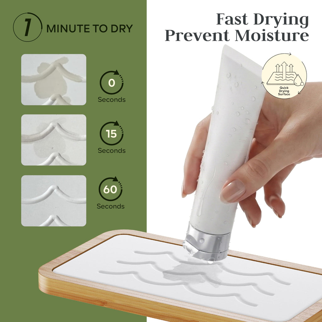 Water Absorbing Stone Tray for Sink, Kitchen Sink Caddy Organizer, Diatomite Bathroom Vanity Counter Tray, Soap Dispenser Sponge Holder, Fast Drying Stone Faucet Mat with Bamboo Tray