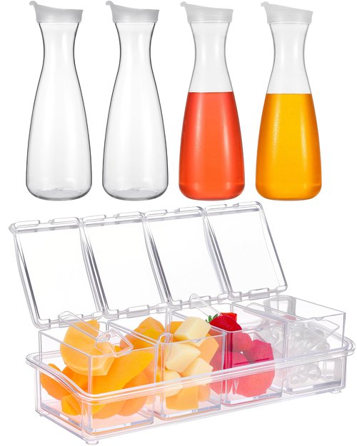 Honeydak 5 Pcs Mimosa Bar Supplies Include 4 Pcs 47oz Plastic Carafe with Lids Clear Round Juice Pitcher Containers 1 Seasoning Box with Lid and Spoon for Winter Spring Summer Party Serving (Clear)