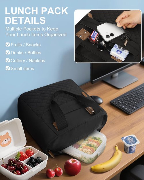 Insulated Lunch Box for Women & Men - Large Thermal Lunch Bag Women with Removable Shoulder Strap, Reusable Lunch Cooler Tote Bags Purse for Adults Work, Picnic, Hiking, Beach, Travel, Medium，Black