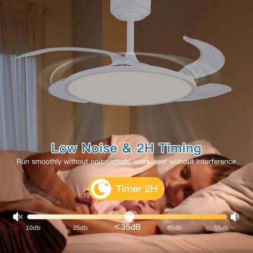 AHAWILL Retractable Ceiling Fan with Lights and Remote,42'' Fandelier Ceiling Fan with Dimmable Full Spectrum,Timer Setting,Silent DC Motor,Modern Bladeless Fan for Bedroom Dining Room,White