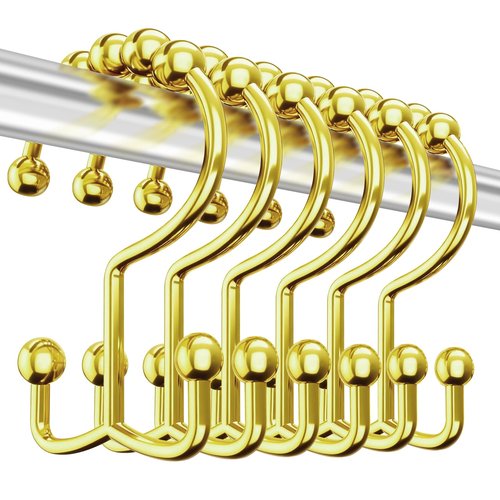 Upgraded 304 Stainless Steel Shower Curtain Hooks, 12-Pack Rust-Proof Heavy Duty Gold Shower Curtain Rings, Double Hook Glide Shower Hooks Rings, Bathroom Hardware Set