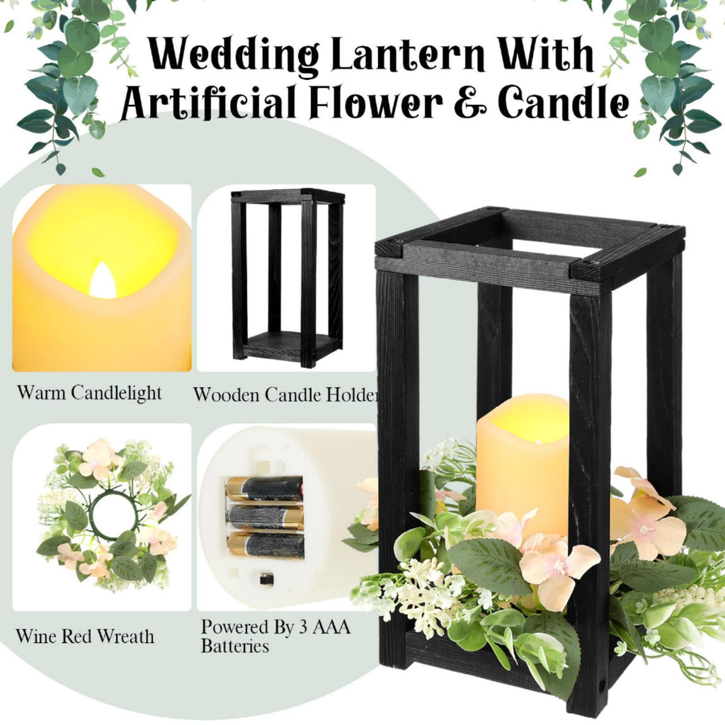 Hushee 30 Pcs Wooden Wedding Lantern Centerpiece Integrated Holders with Candles and Wreaths Rustic Wooden Candle Lantern Decor for Wedding Party Table Valentine Decor (Black)