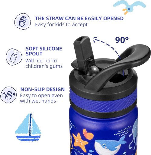 Fanhaw Kids Insulated Water Bottle - 18 Oz Stainless Steel, Leakproof, BPA Free | Blue Ocean