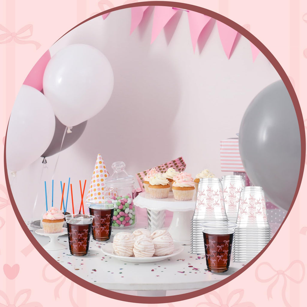 Yuxung 50 Pcs Pink Bow Snack Cups 12 oz Bow Plastic Cups Lovely Bowknot Tumbler for Just Wanna Be One Birthday Wedding Baby Shower Party Supplies