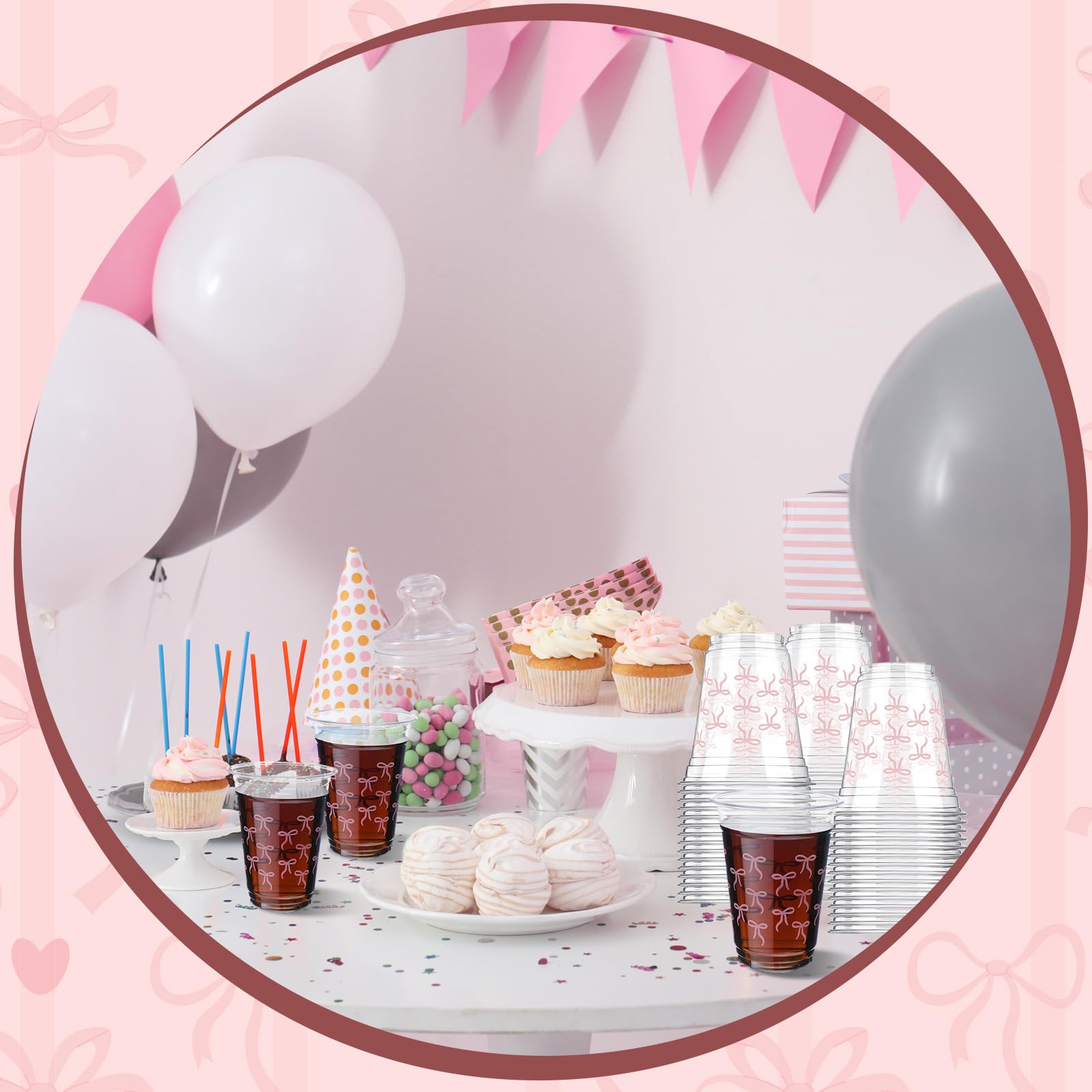 Yuxung 50 Pcs Pink Bow Snack Cups 12 oz Bow Plastic Cups Lovely Bowknot Tumbler for Just Wanna Be One Birthday Wedding Baby Shower Party Supplies