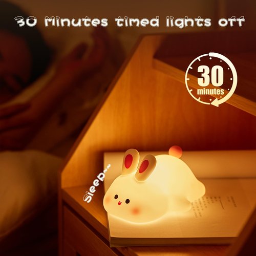 NesveCit Big Face Rabbit Night Light, Adorable LED Bunny Night Lamp, Silicone Dimmable Nursery Nightlight for Girls, Silicone Rechargeable Bedside Touch Night Lights for Easter Decor