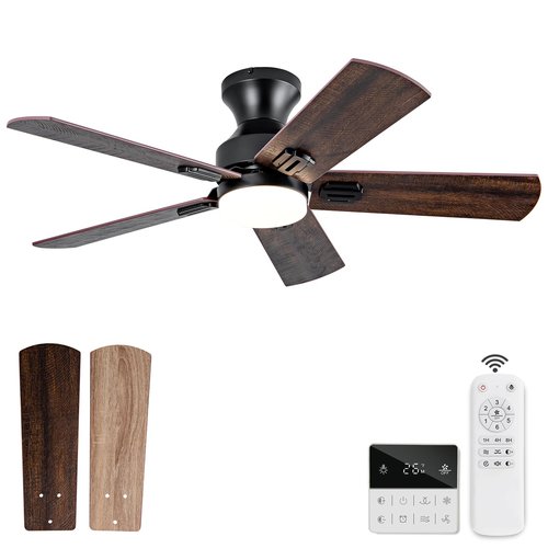 KENSID 42 Inch Black Ceiling fans with lights and Remote,Low Profile Flush Mount Modern Ceiling Fan with Light, 5 blades,Dimmable LED Light,Wall Switch,Indoor Outdoor Ceiling Fan for Bedroom