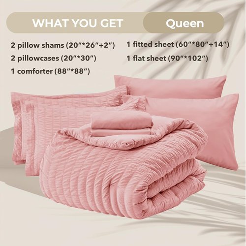 HYMOKEGE Queen Comforter Set - Luxurious Rose Pink Seersucker 7-Piece Bedding Set for All Seasons