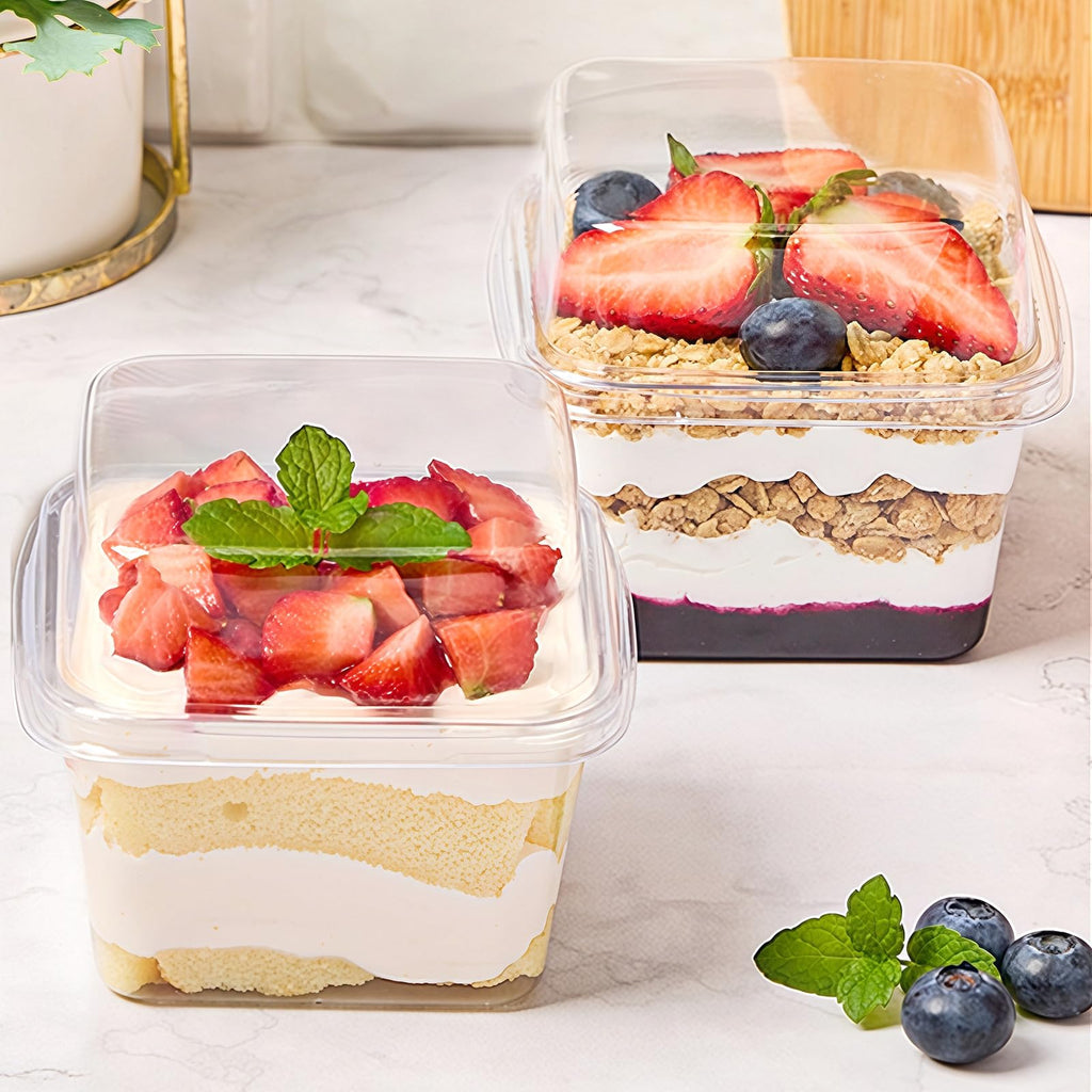 Zezzxu 100 x 8 oz Dessert Cups with Lids and Spoons, Square Plastic Dessert To-Go Containers with Dome Lids & Sporks for Yogurt Parfait, Fruit, Pudding, Cake, Mousse, Tiramisu