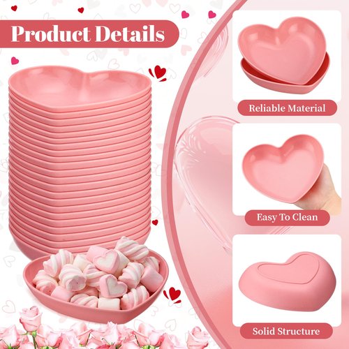 Hushee 50 Pack Valentine's Day 6 Inch Heart Shaped Dish Pink Snack Candy Bowl Plastic Heart Small Salad Bowl Mini Sauce Seasoning Dishes Appetizer Sushi Dipping Plates for Wedding Birthday Party