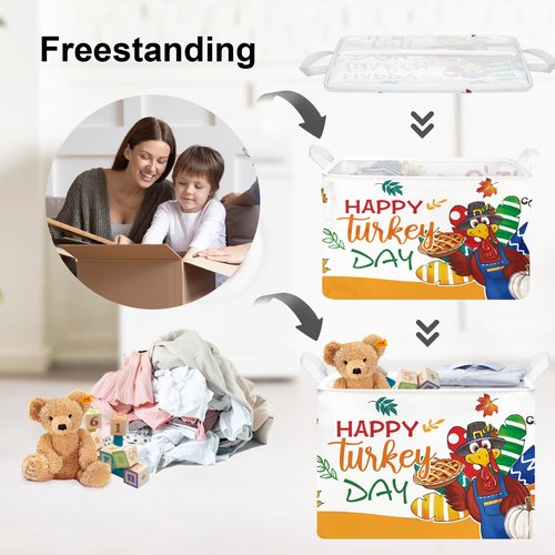 Clastyle Fall Harvest Kid Storage Basket Pumpkin Maple Leaf Thanksgiving Autumn Boys Girls Gift Toy Box Collapsible Clothes Organizer Nursery Bin for Bedroom,Turkey,40 * 30 * 30 cm