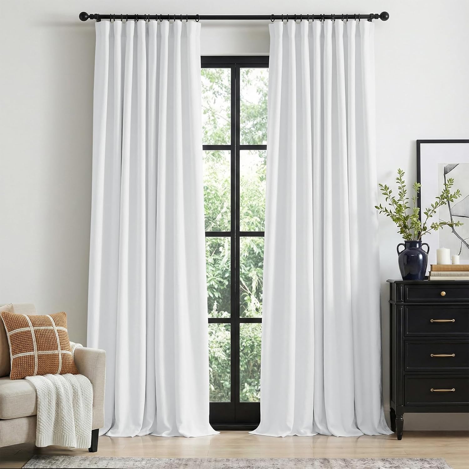 Skiennix 100% Blackout Curtains - Thermal Insulated Faux Linen | 84 Inch Length, 2 Panels Set in Bright White